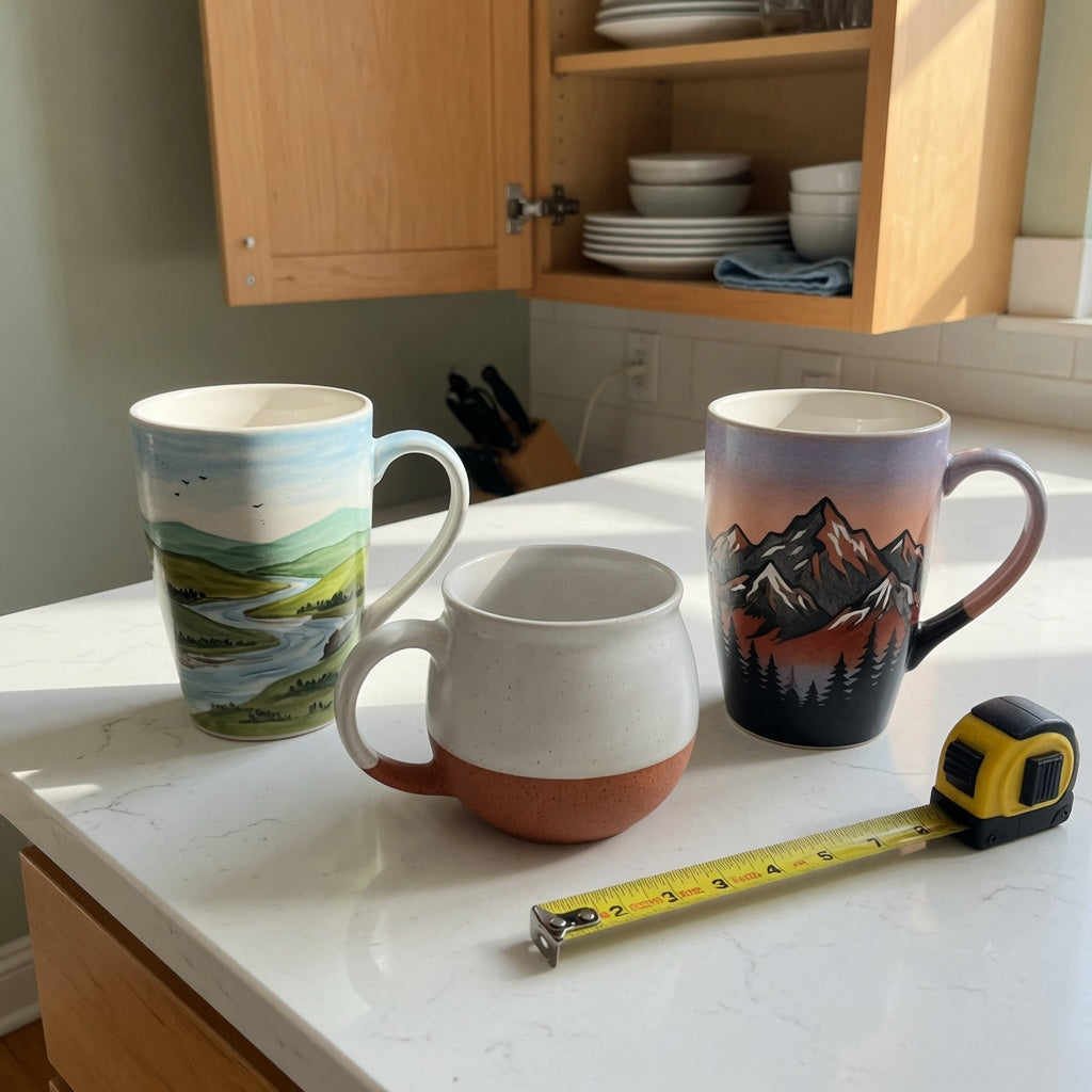 12 oz ceramic coffee mugs everyday mug rotation product shortlist guide showing round and tall mugs beside an open kitchen cabinet