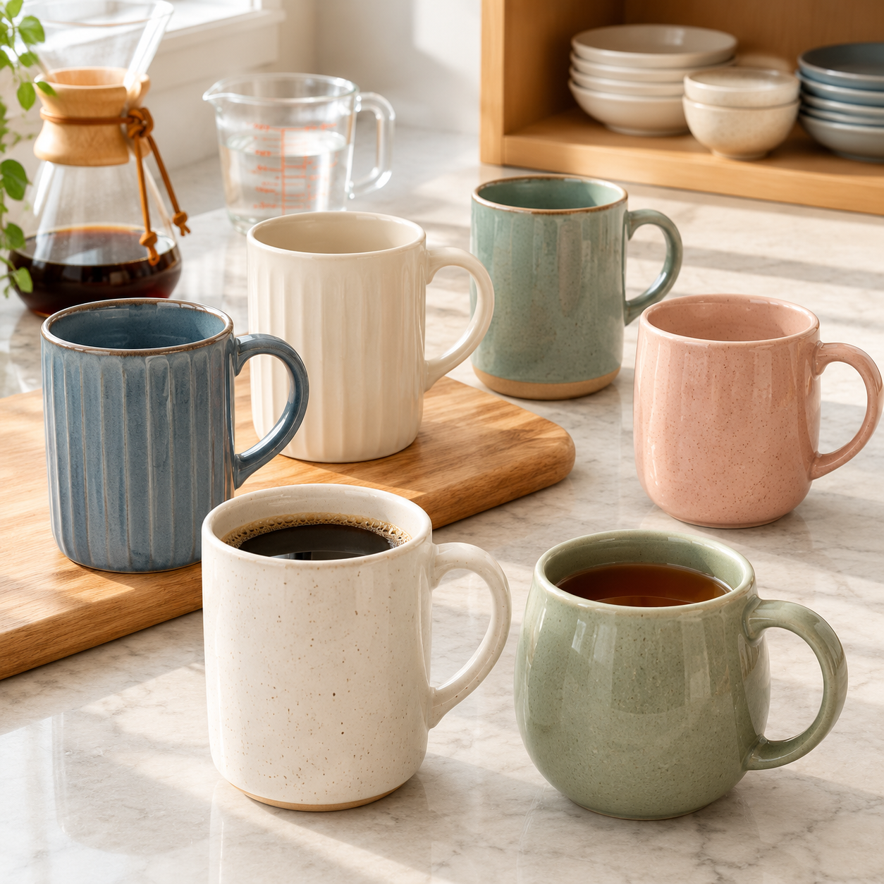 12 oz ceramic coffee mugs in tall and round profiles on a kitchen counter