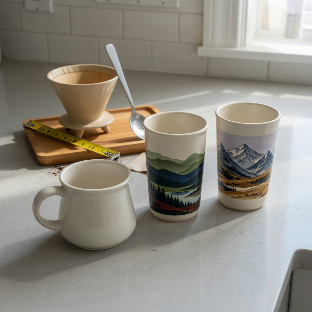 12 oz ceramic coffee mugs home coffee station practical purchase checklist showing round and tall mugs beside a tray and measuring tape