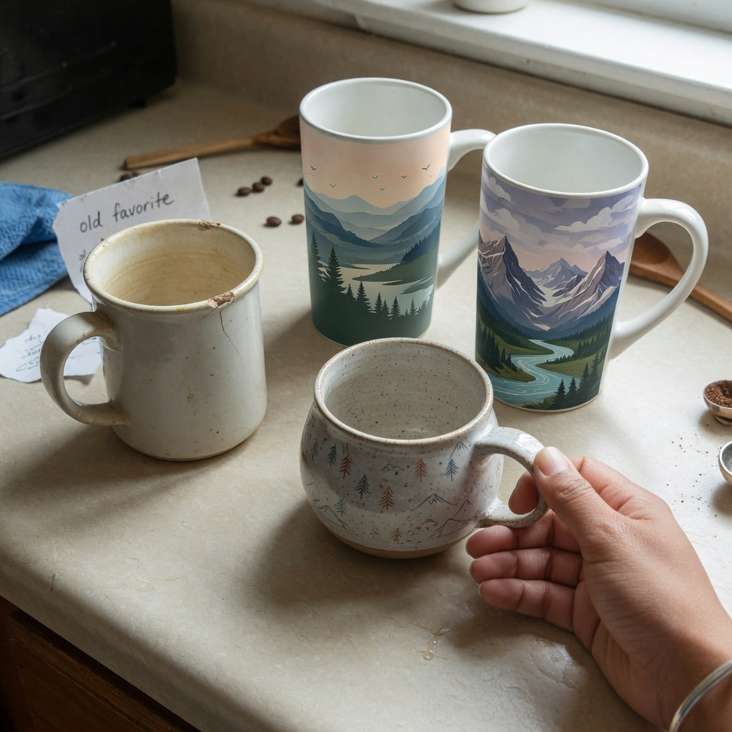Comparison scene for the 12 oz ceramic coffee mugs replacement purchase product shortlist guide, with a worn mug and tall and round options