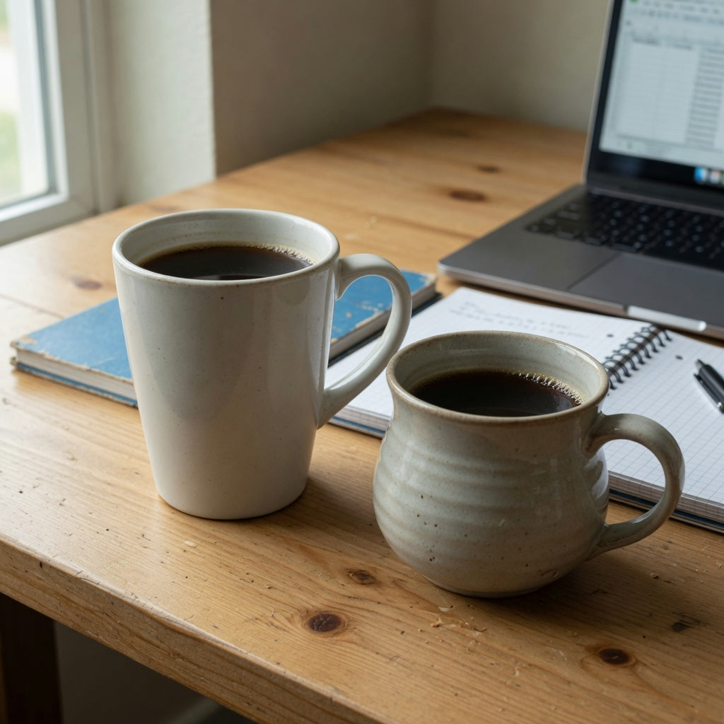 12 oz ceramic mugs for office on a wood desk beside a keyboard, filled below the brim