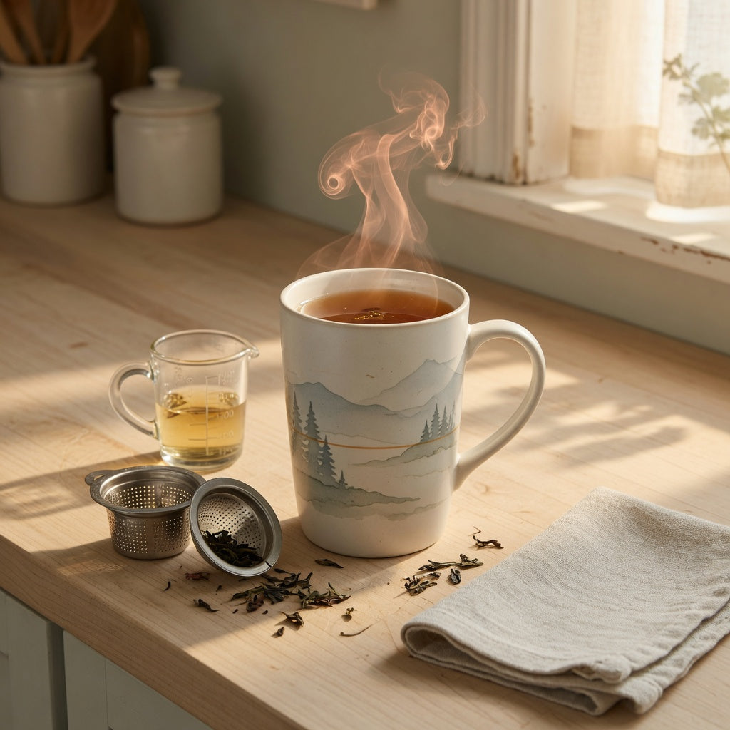 350 ml ceramic tea mug with landscape artwork beside a measuring jug and loose-leaf infuser on a kitchen counter