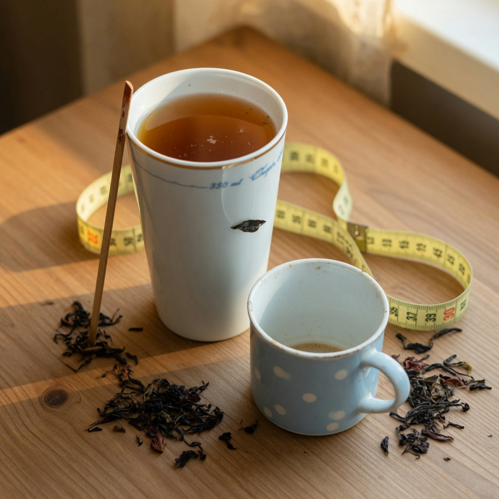 350 ml tall tea mug beside a shorter standard mug with a measuring tape showing its height