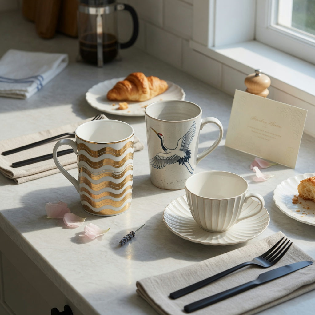 coffee mug wedding gift gift choice product shortlist guide showing White Golden Waves, Crane, and Pleated mug options