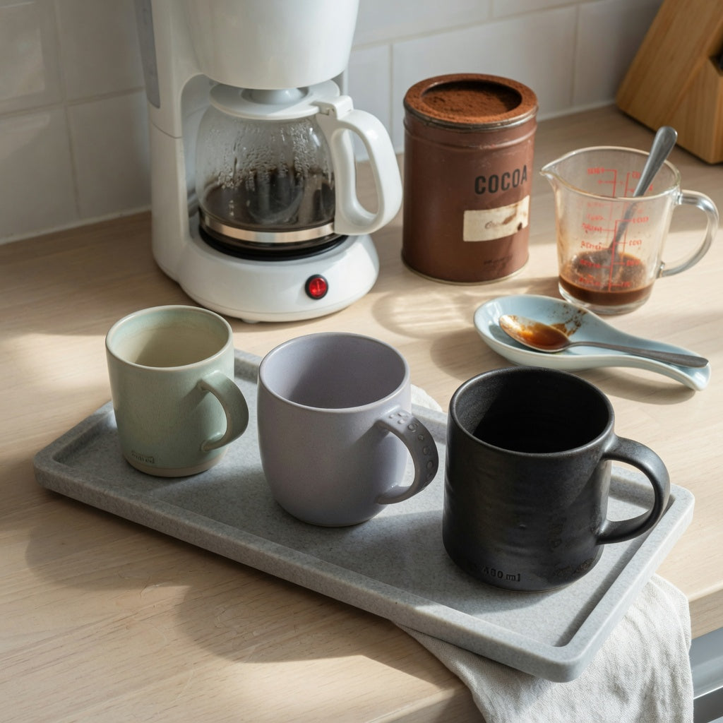 Three mugs in a mocha mug home coffee station product shortlist guide, with 400 ml, 440 ml, and 480 ml choices on a kitchen counter