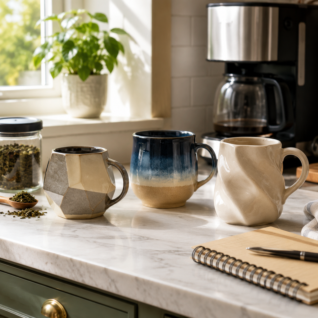 Three abstract coffee mug styles on a bright kitchen counter, showing geometric, gradient, and sculptural designs.