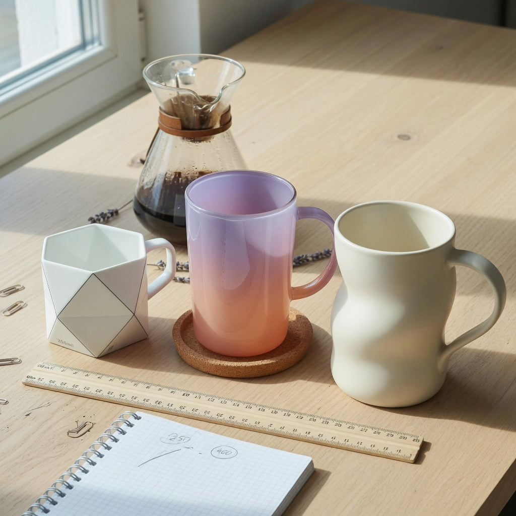Abstract coffee mug buying priorities compared using a 250 ml geometric mug and two 400 ml shape options on a desk