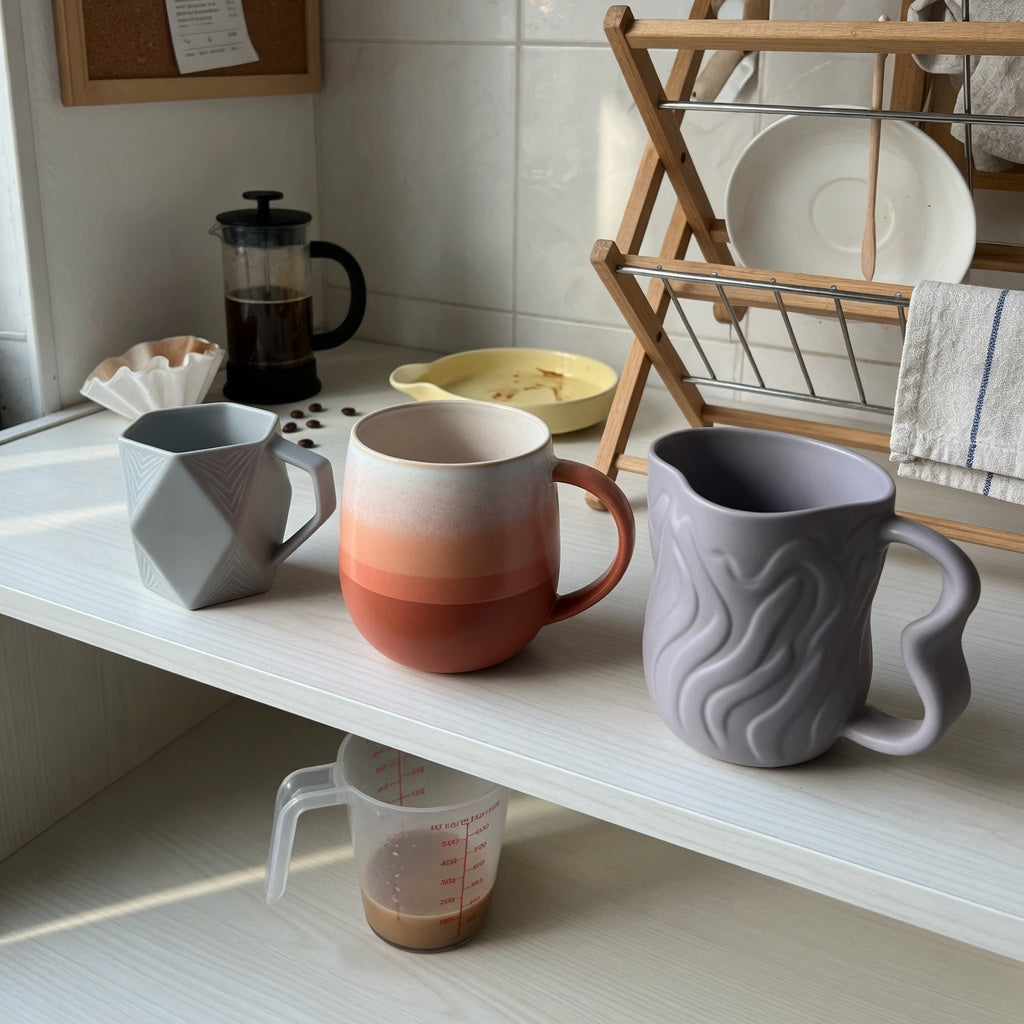 Kitchen shelf setup for an abstract coffee mug everyday mug rotation product shortlist guide with Rhombus, Gradient, and The Flow mugs