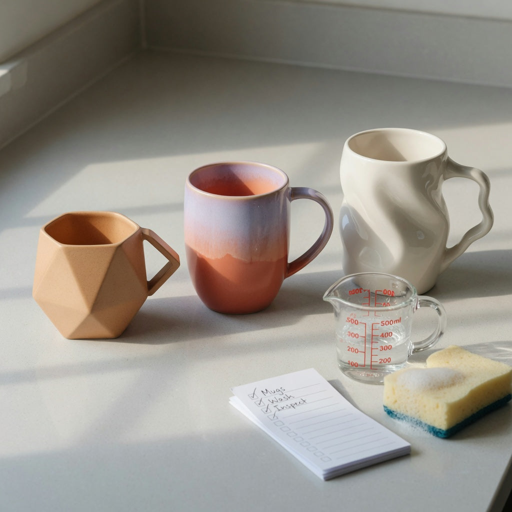 Three mugs, a measuring jug, and care notes for an abstract coffee mug first time buyer practical purchase checklist