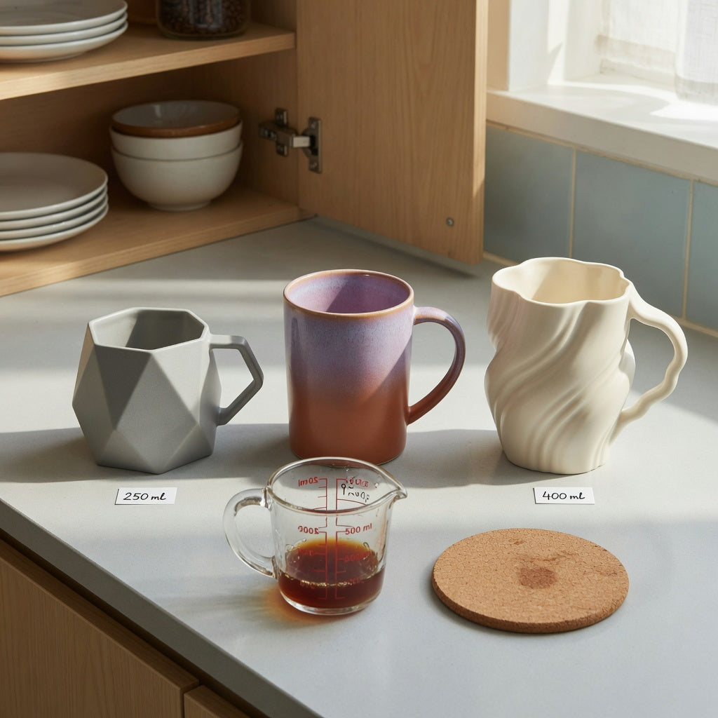 Abstract coffee mug first time buyer product shortlist guide comparing the 250 ml Rhombus, 400 ml Gradient, and 400 ml The Flow on a kitchen counter