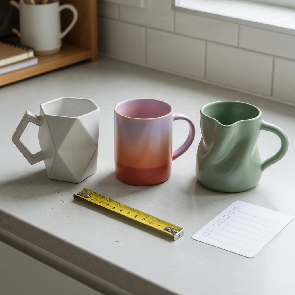 Abstract coffee mug gift choice product shortlist guide showing Rhombus, Gradient, and The Flow side by side