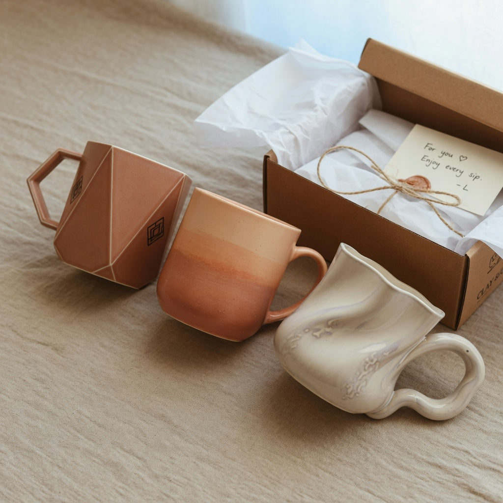 Abstract coffee mug gift comparison of the Rhombus, Gradient, and The Flow mugs beside kraft gift packaging