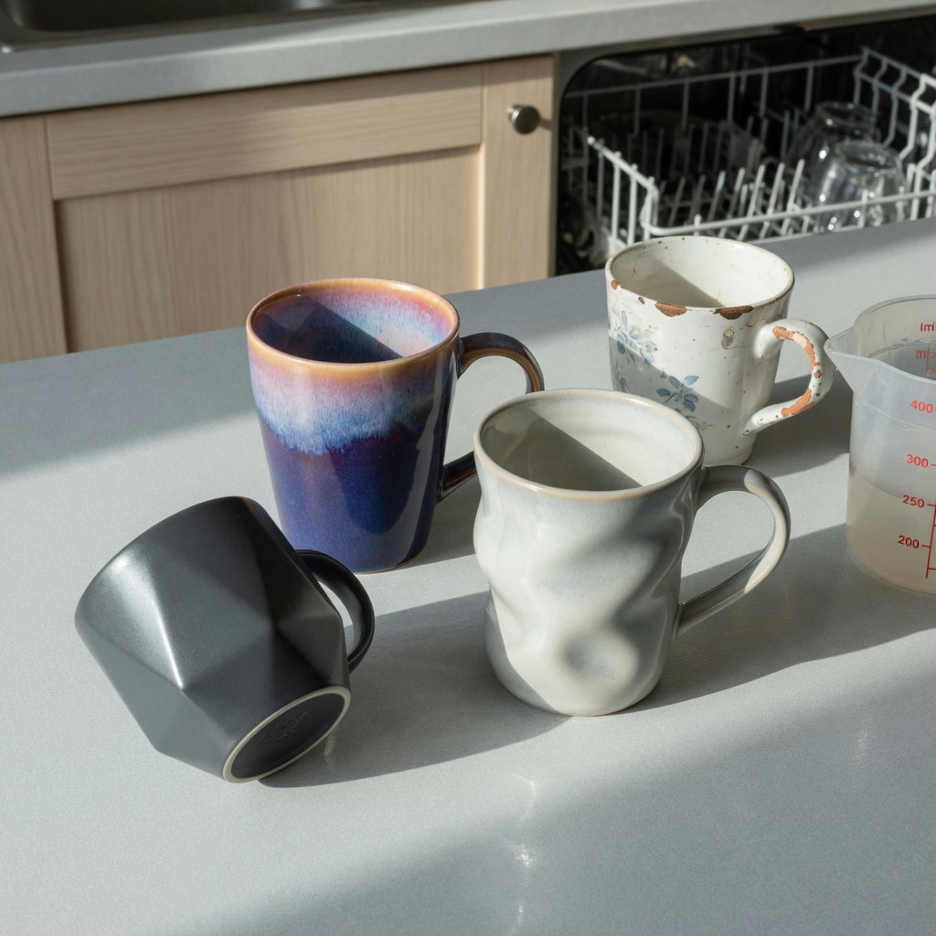 Three mugs in an abstract coffee mug replacement purchase product shortlist guide on a kitchen counter