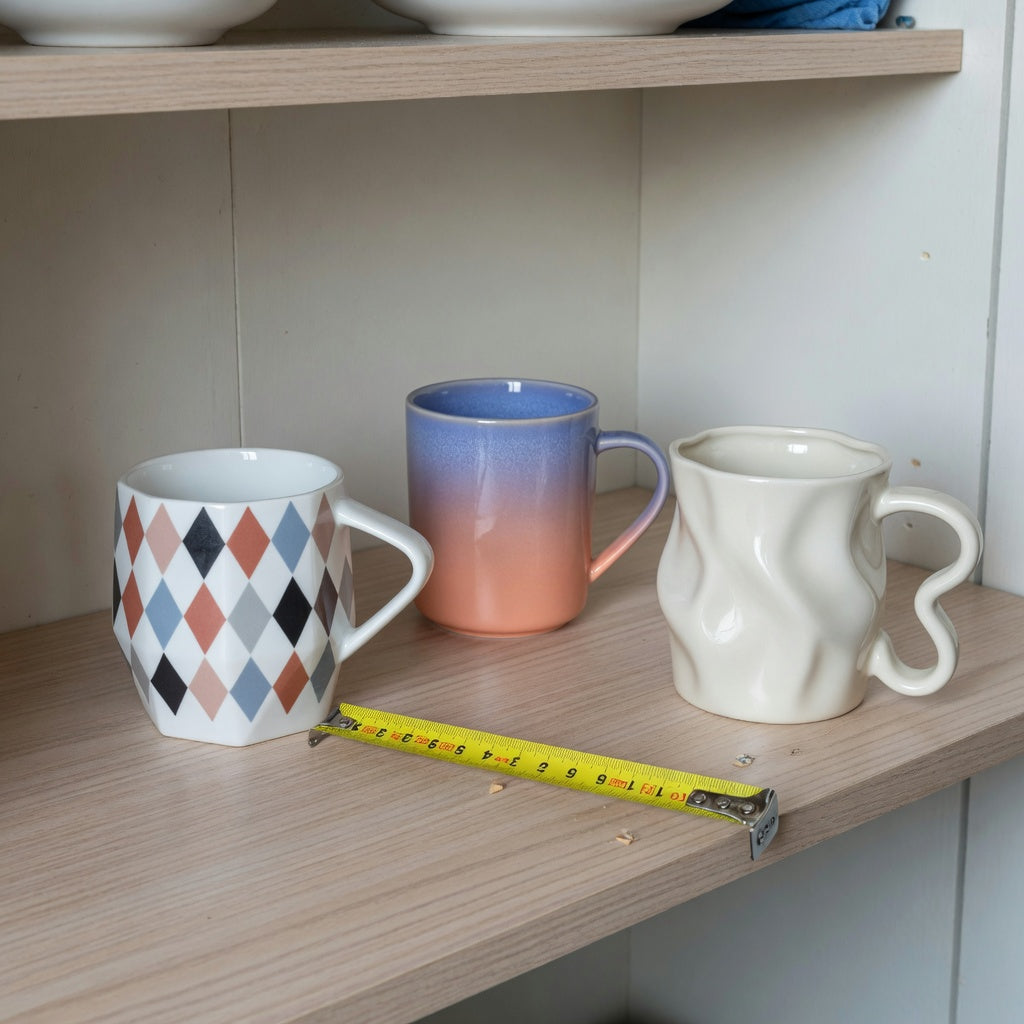 abstract coffee mug storage fit guide showing Rhombus, Gradient, and The Flow on a measured cabinet shelf