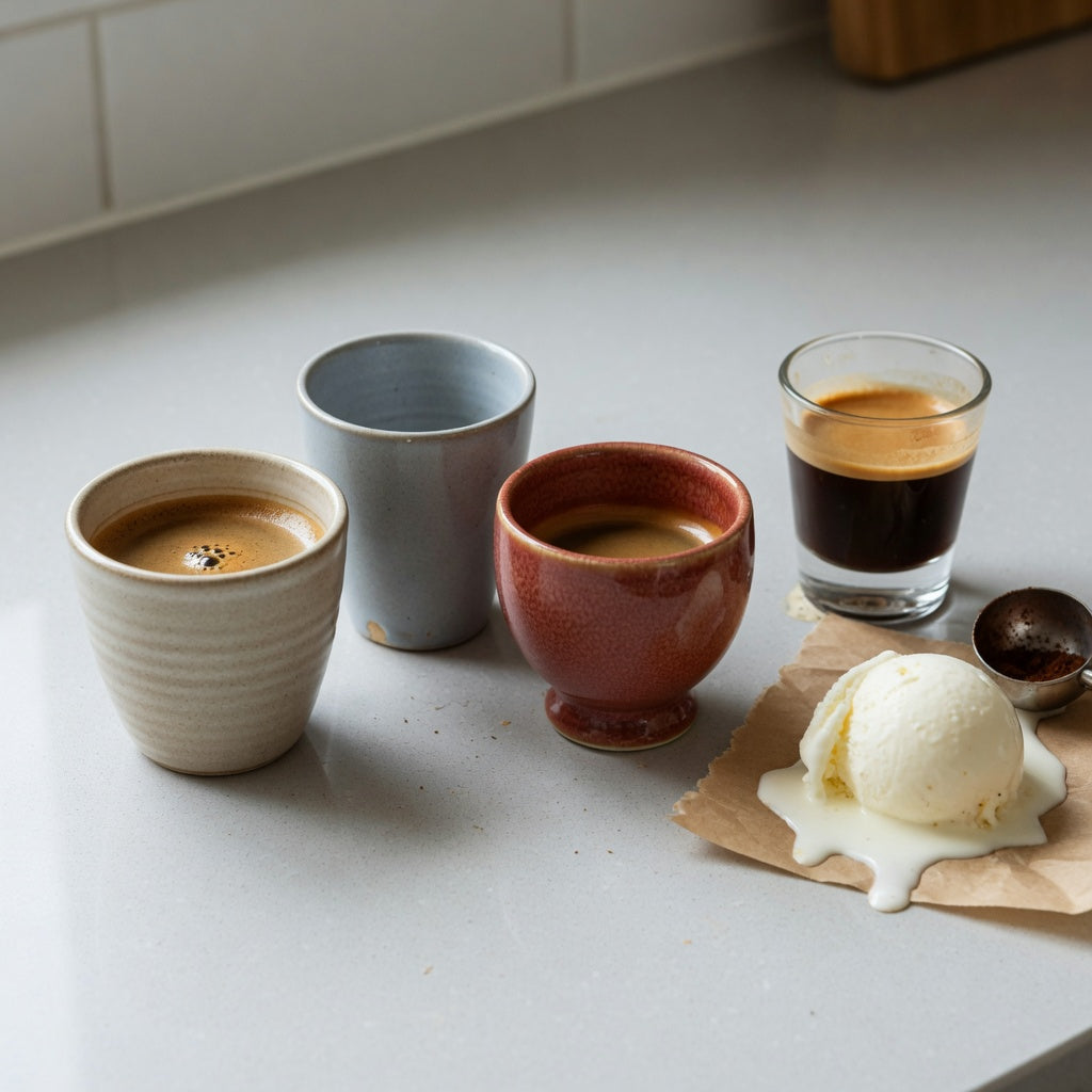 Affogato coffee mug gift comparison showing 170 ml, 200 ml, and 270 ml cups with gelato and espresso