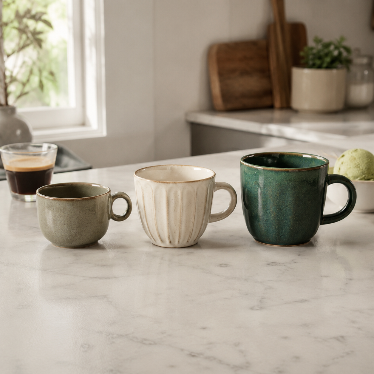 Affogato cup options in 170 ml, 200 ml, and 270 ml capacities arranged for dessert coffee service