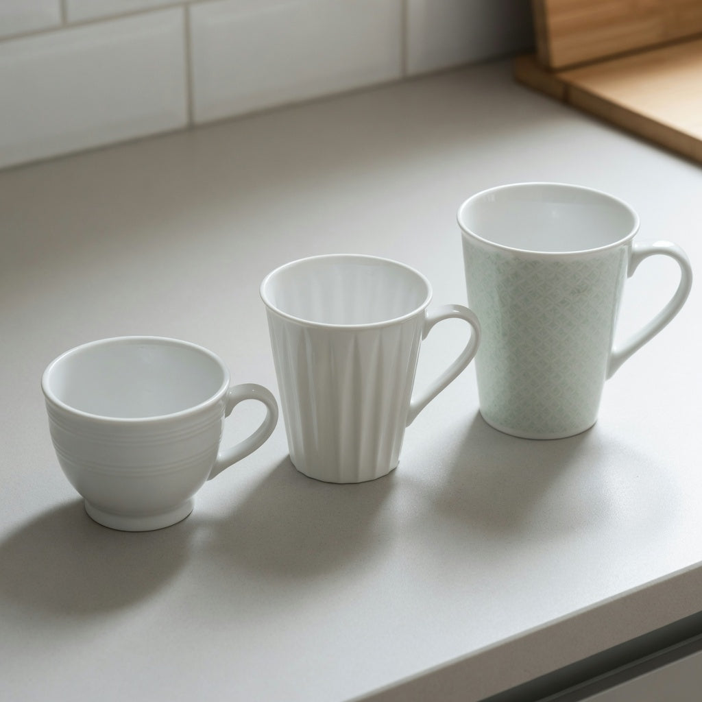 Affogato cup current product facts showing Retro 170 ml, Pleated 200 ml, and Emerald 270 ml shapes side by side