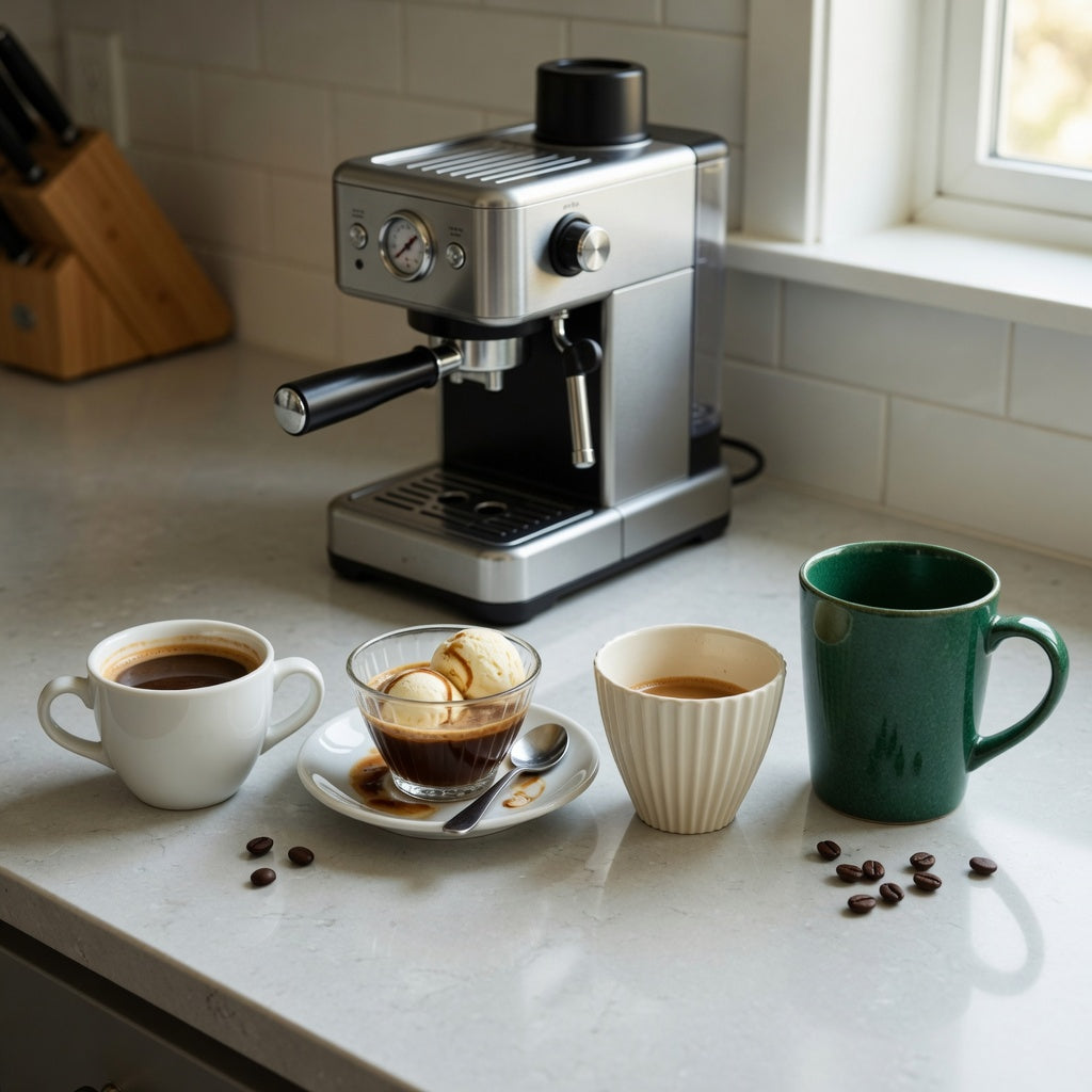 Affogato cup home coffee station practical purchase checklist comparing Retro 170 ml, Pleated 200 ml, and Emerald 270 ml cups