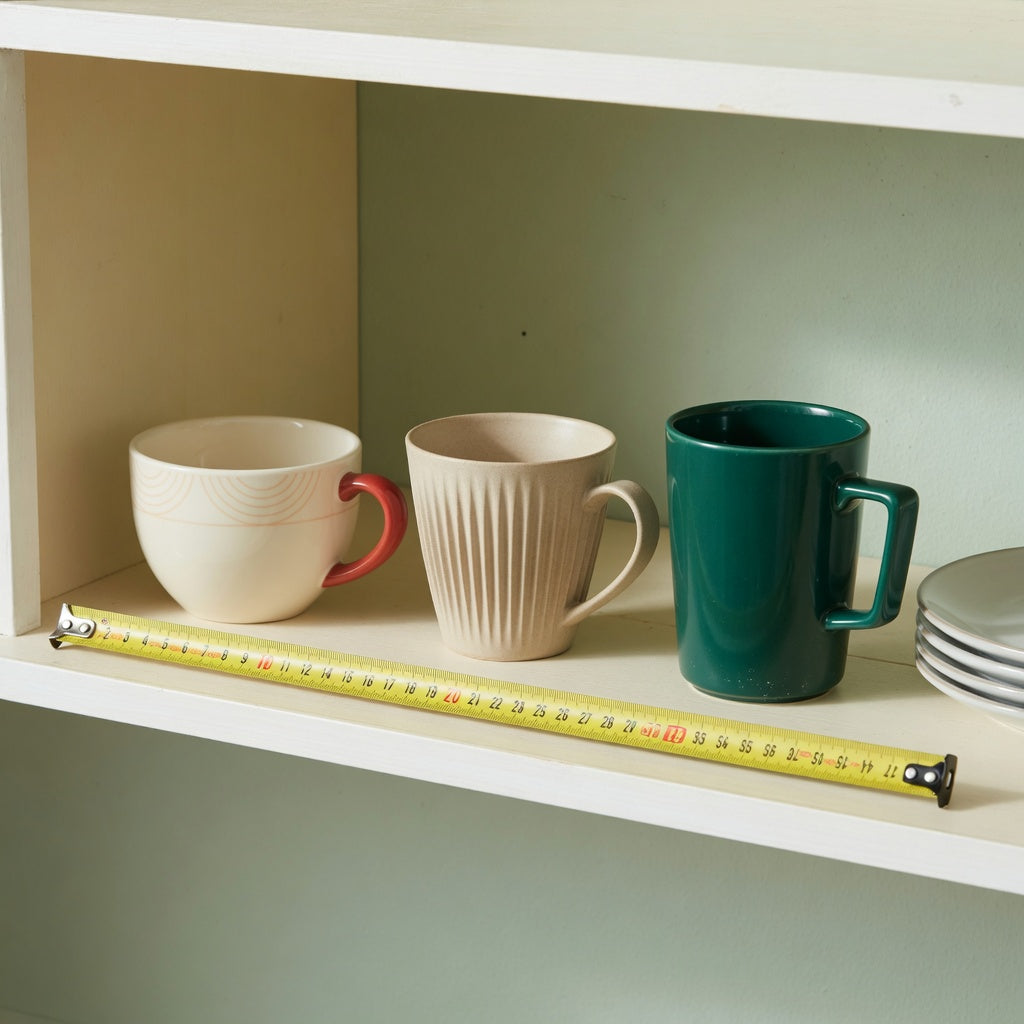 Affogato cup storage fit guide comparing Retro 170 ml, Pleated 200 ml, and Emerald 270 ml shapes on a cabinet shelf