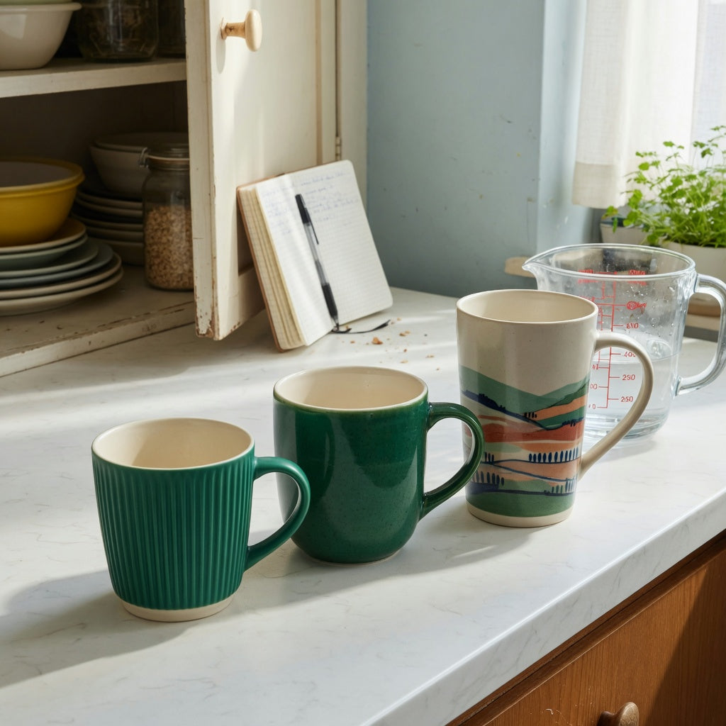 Pleated, Emerald, and Landscape Tall mugs compared for an americano coffee cup everyday mug rotation product shortlist guide