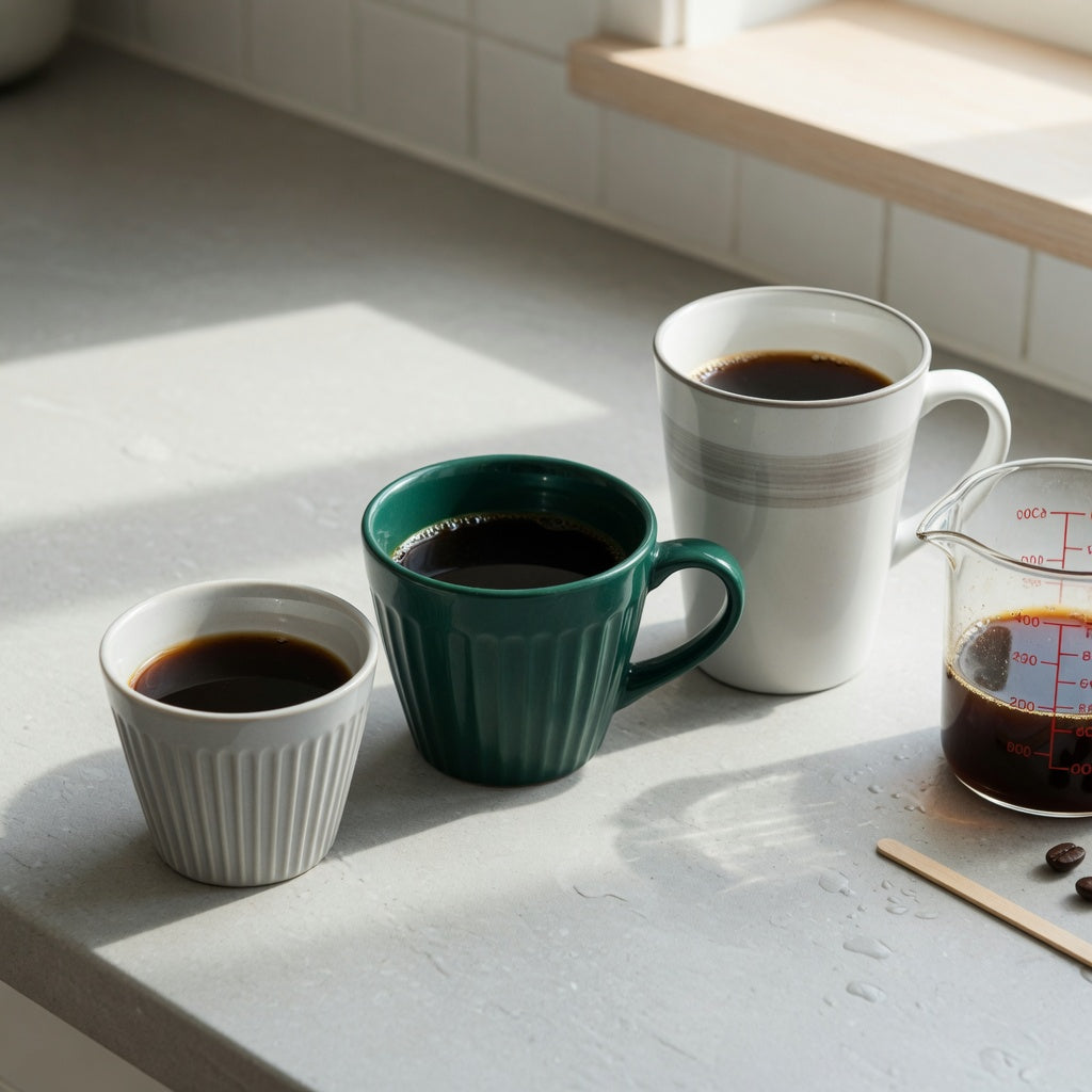 Americano coffee cup first time buyer product shortlist guide comparing Pleated 200 ml, Emerald 270 ml, and Landscape Tall 350 ml capacity and headroom