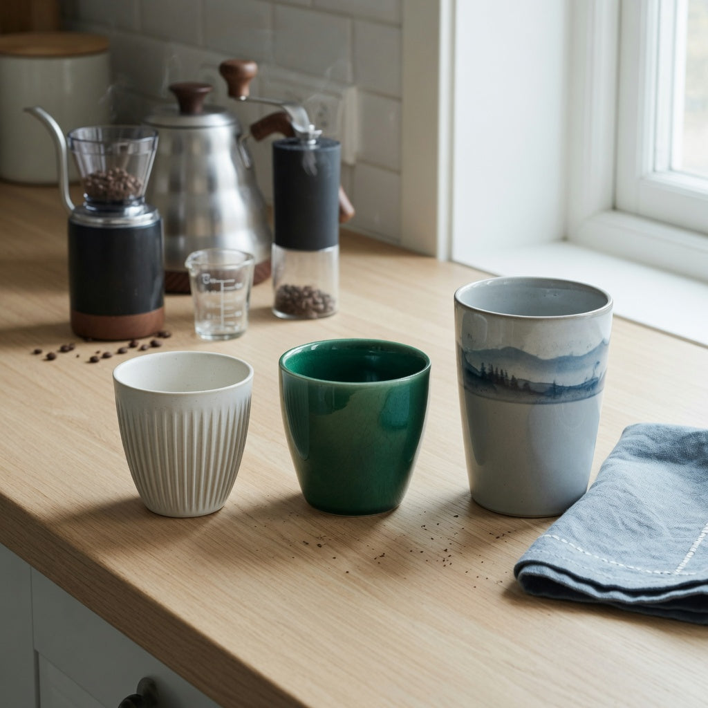 Americano coffee cup home coffee station practical purchase checklist with 200 ml, 270 ml, and 350 ml cups on a kitchen counter