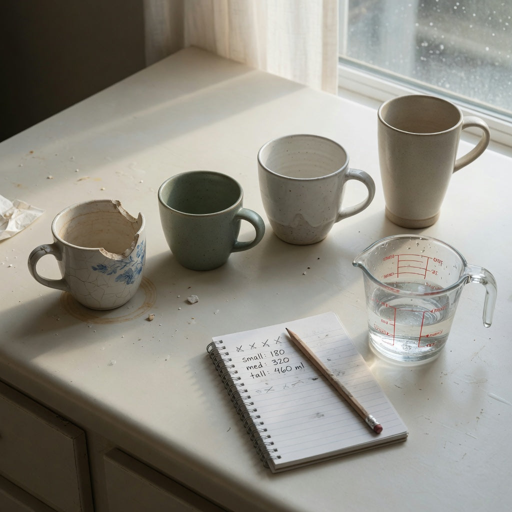 Americano coffee cup replacement purchase product shortlist guide with 200 ml, 270 ml, and 350 ml options beside a measuring jug