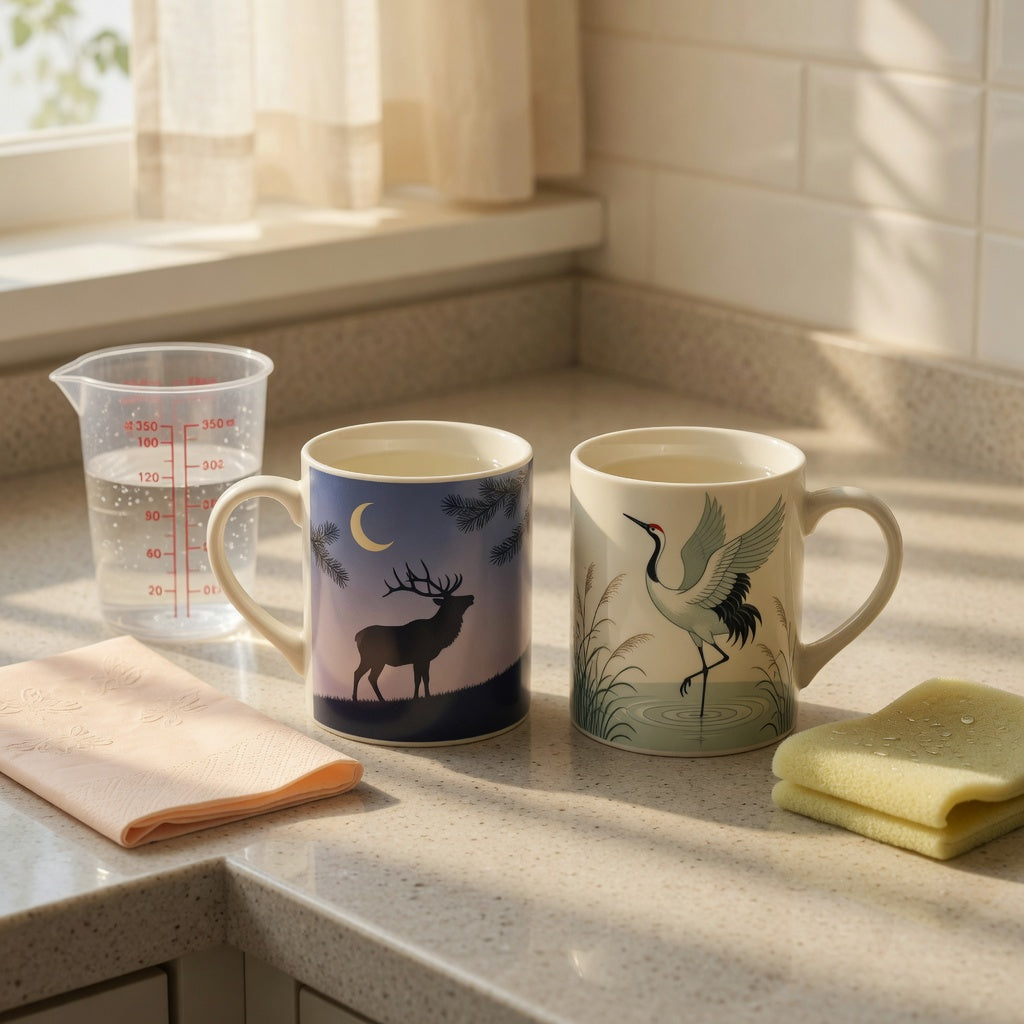 Animal tea mugs with elk-and-moon and crane motifs beside a measuring cup on a kitchen counter