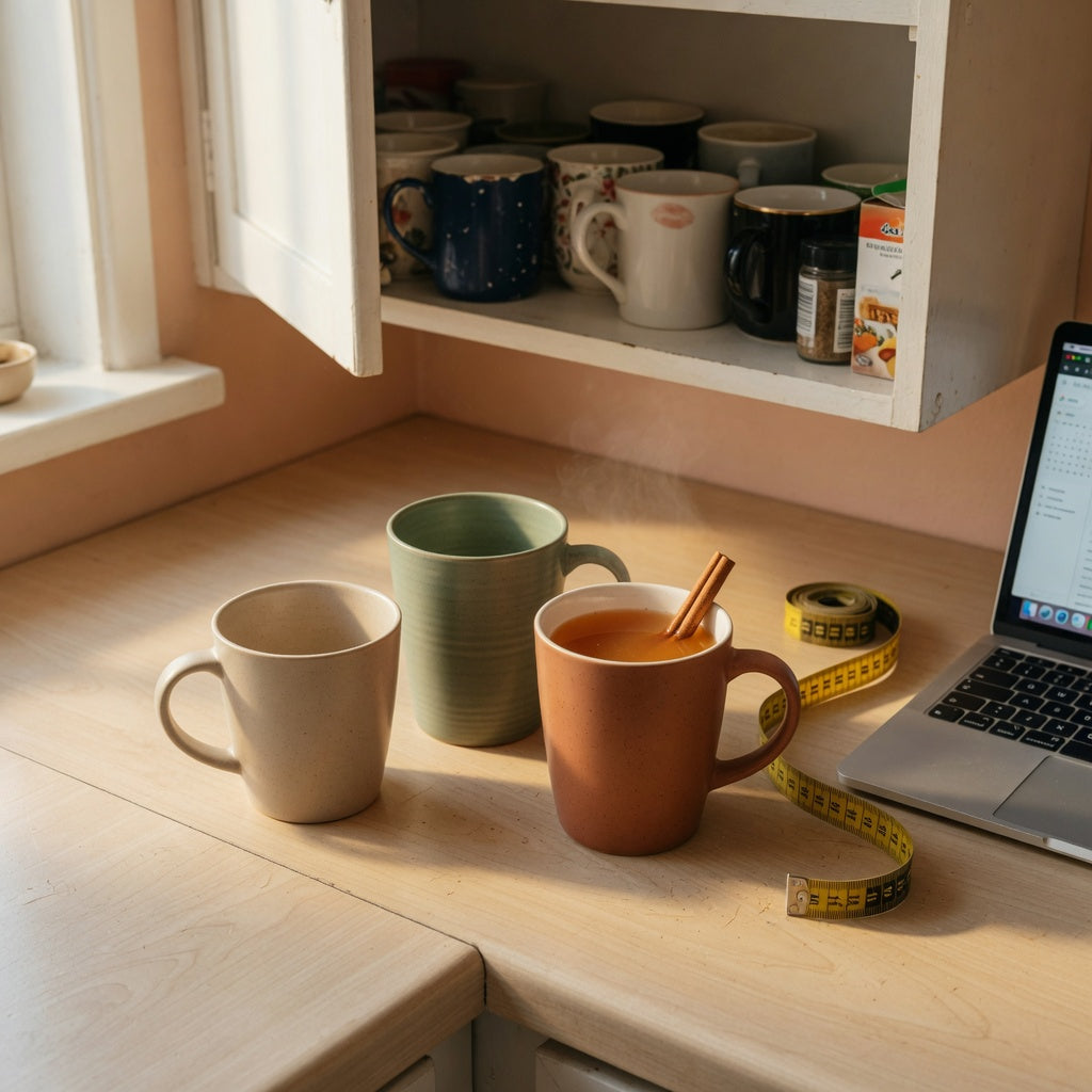 Kitchen setup illustrating the apple cider mug everyday mug rotation practical purchase checklist with 400 ml and 480 ml ceramic mugs