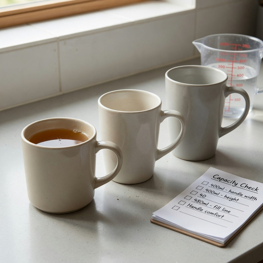 An apple cider mug first time buyer practical purchase checklist beside 400 ml and 480 ml ceramic mug options on a kitchen counter