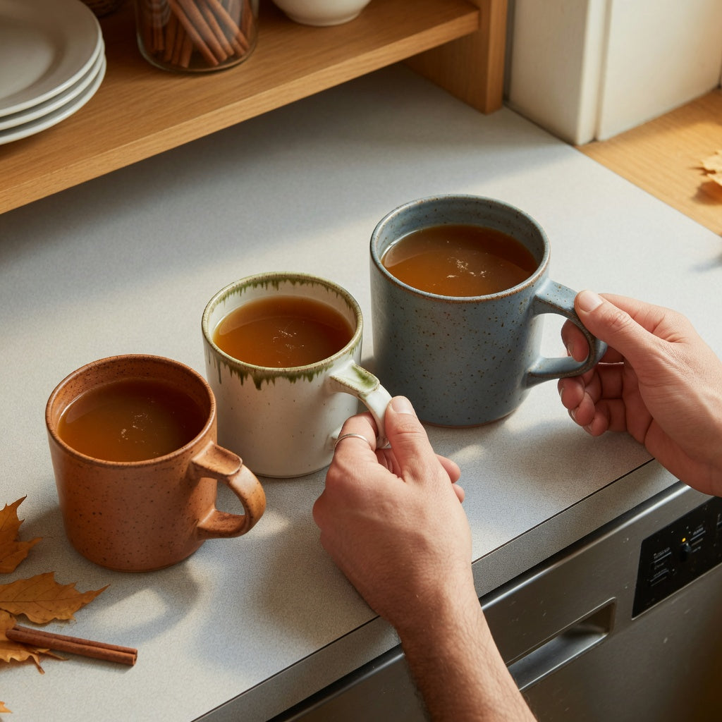 Apple cider mug shared household practical purchase checklist with 400 ml and 480 ml ceramic options on a shared kitchen counter
