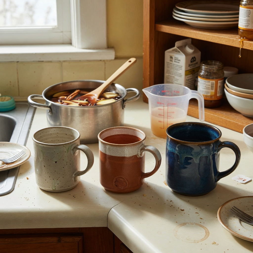 Apple cider mug shared household product shortlist guide showing two 400 ml ceramic mugs and one 480 ml mug on a shared kitchen counter