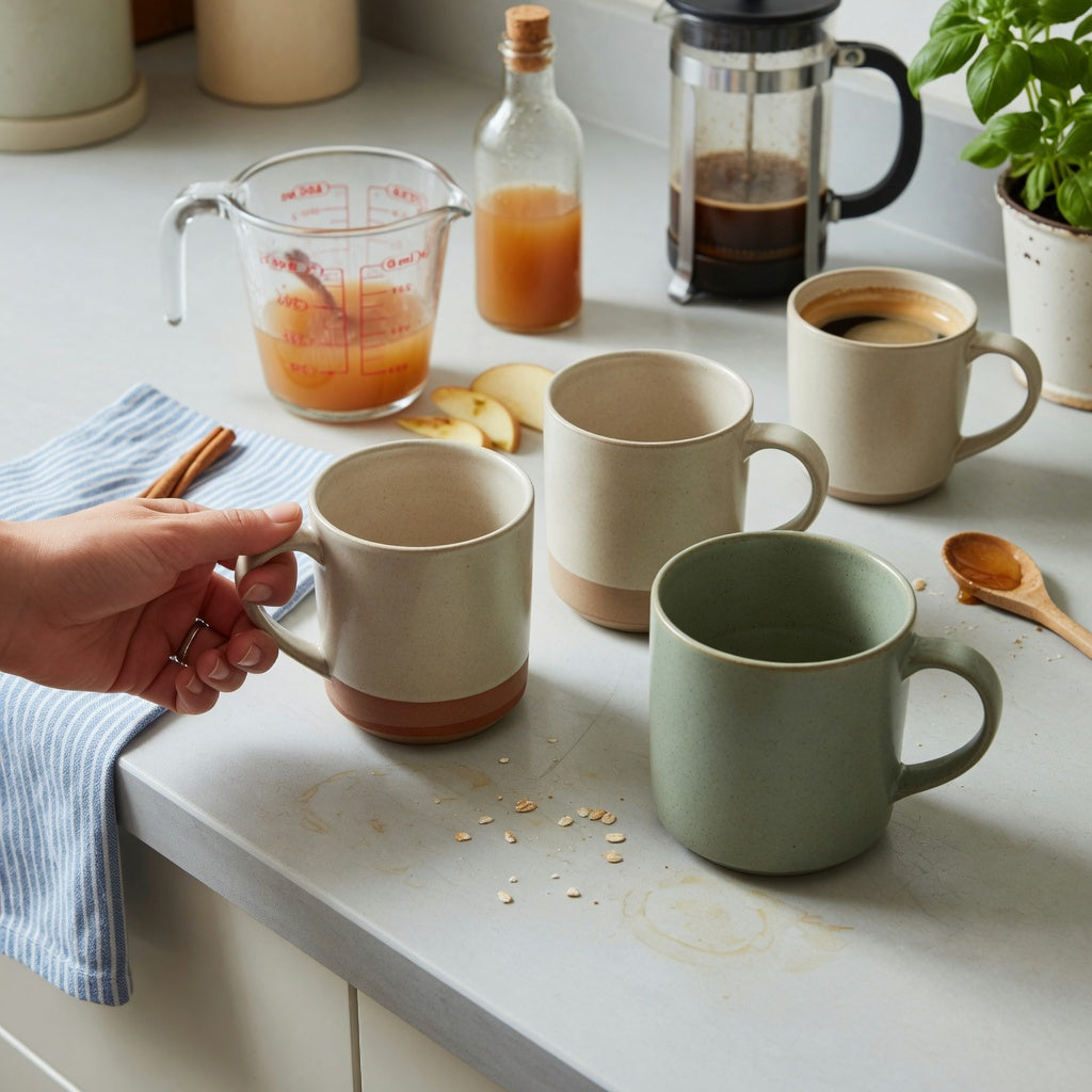 Apple cider mug weekend coffee practical purchase checklist comparing two 400 ml ceramic mugs and one 480 ml mug on a kitchen counter