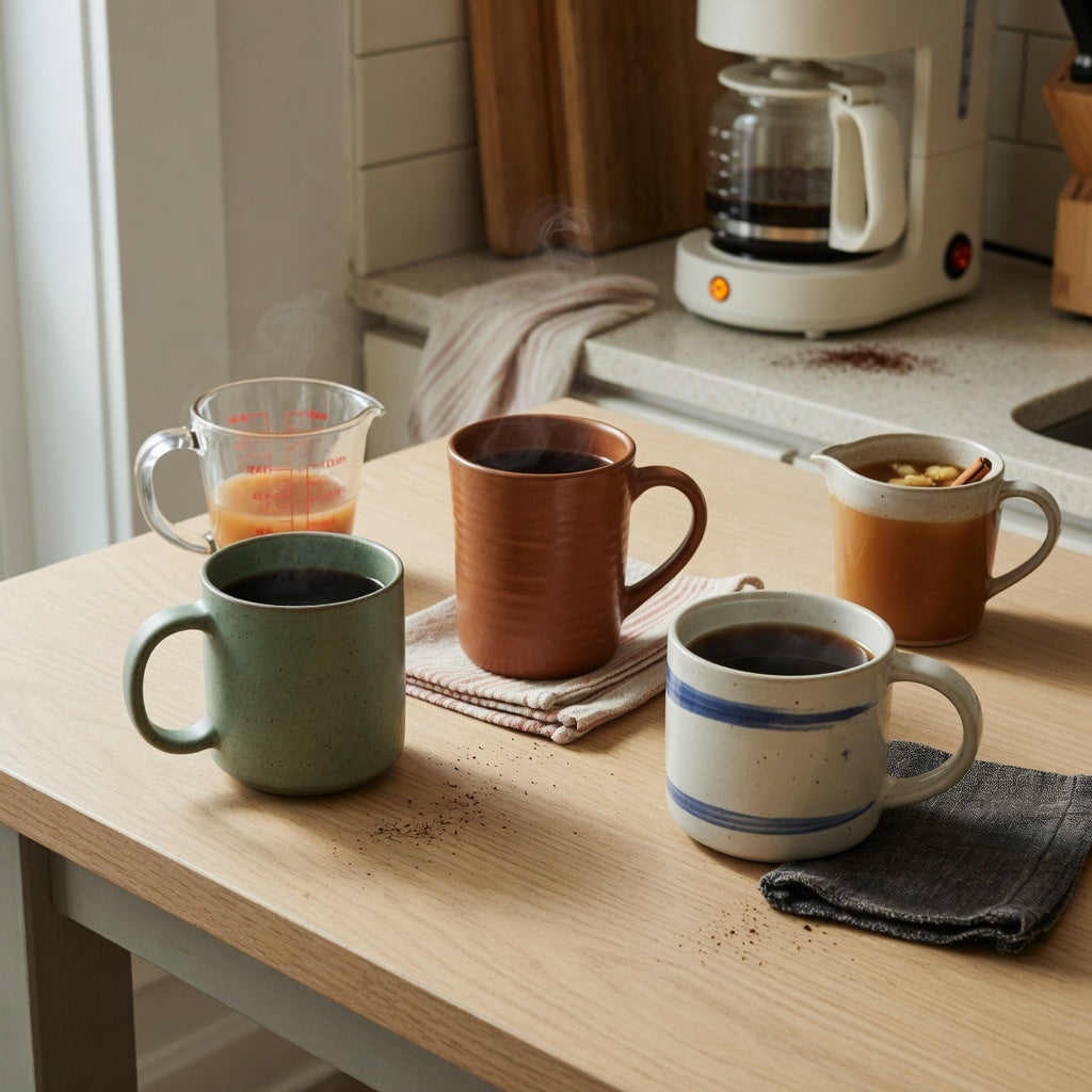 Three ceramic mugs arranged for an apple cider mug weekend coffee product shortlist guide on a home kitchen table