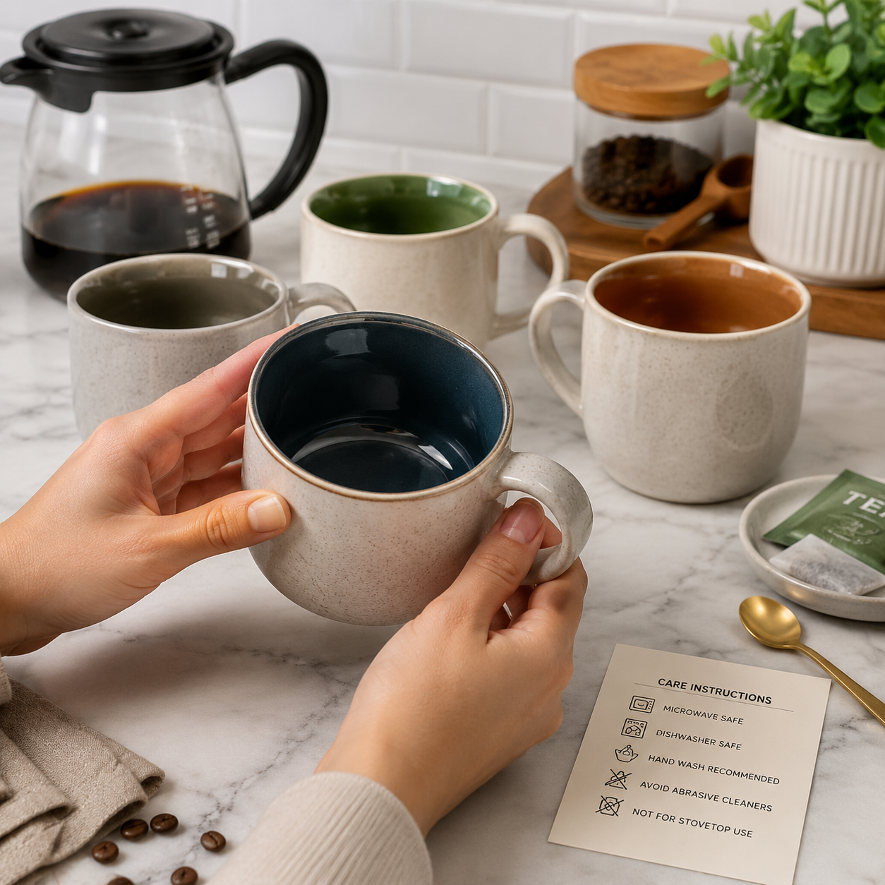 are ceramic coffee mugs safe inspection of glazed ceramic coffee mugs on a kitchen counter