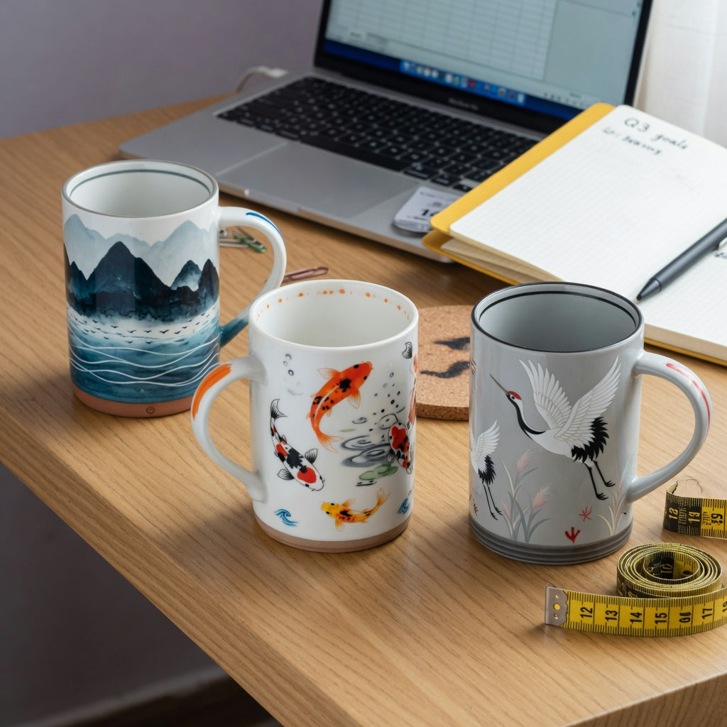 Art coffee mugs buying priorities compared with mountain-sea, koi fish, and crane ceramic mugs on a measured desk space