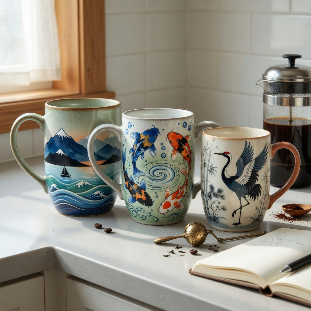 Art coffee mugs comparison of Mountain Sea, Koi Fish, and Crane ceramic mugs on a kitchen counter