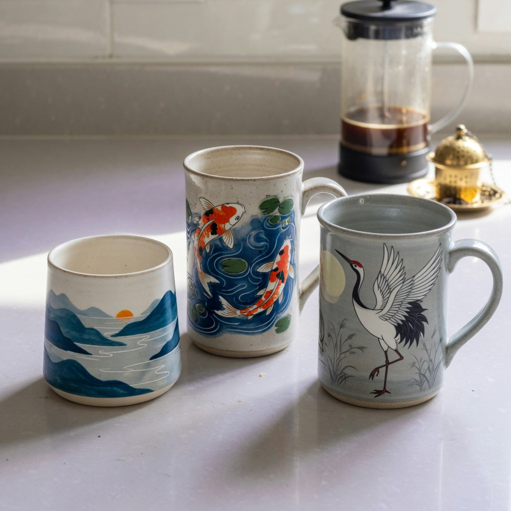 Art coffee mugs current product facts comparison with 12 oz Mountain Sea, 14 oz Koi Fish, and 16 oz Crane ceramic mugs
