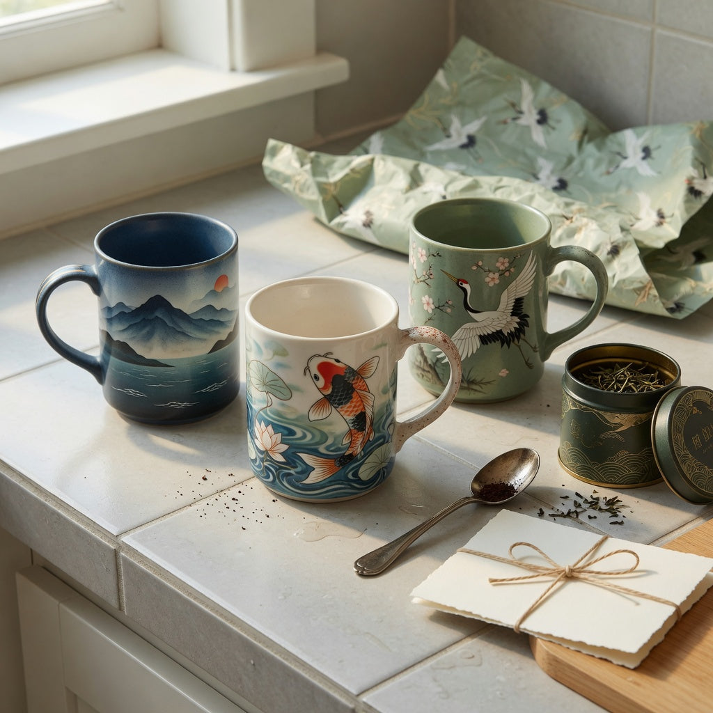 Art coffee mugs gift choice practical purchase checklist with mountain-sea, koi fish, and crane ceramic mugs on a kitchen counter
