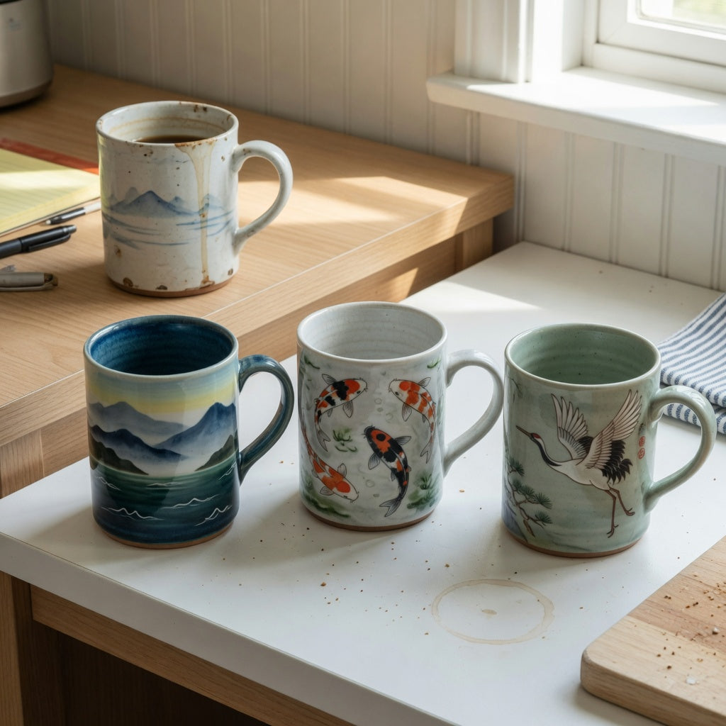 art coffee mugs replacement purchase product shortlist guide comparing Mountain Sea, Koi Fish, and Crane ceramic mugs beside a worn mug