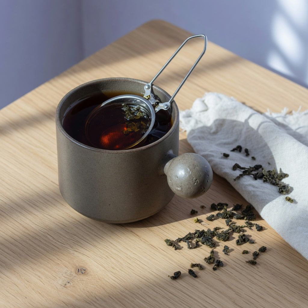 Ball handled ceramic tea mug with a spherical knob handle and stainless infuser filled with steeped loose-leaf tea on an oak table