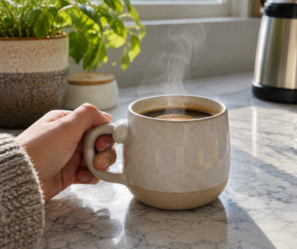 ball handled coffee mug comparison - ergonomic grip on a ceramic ball handled coffee mug