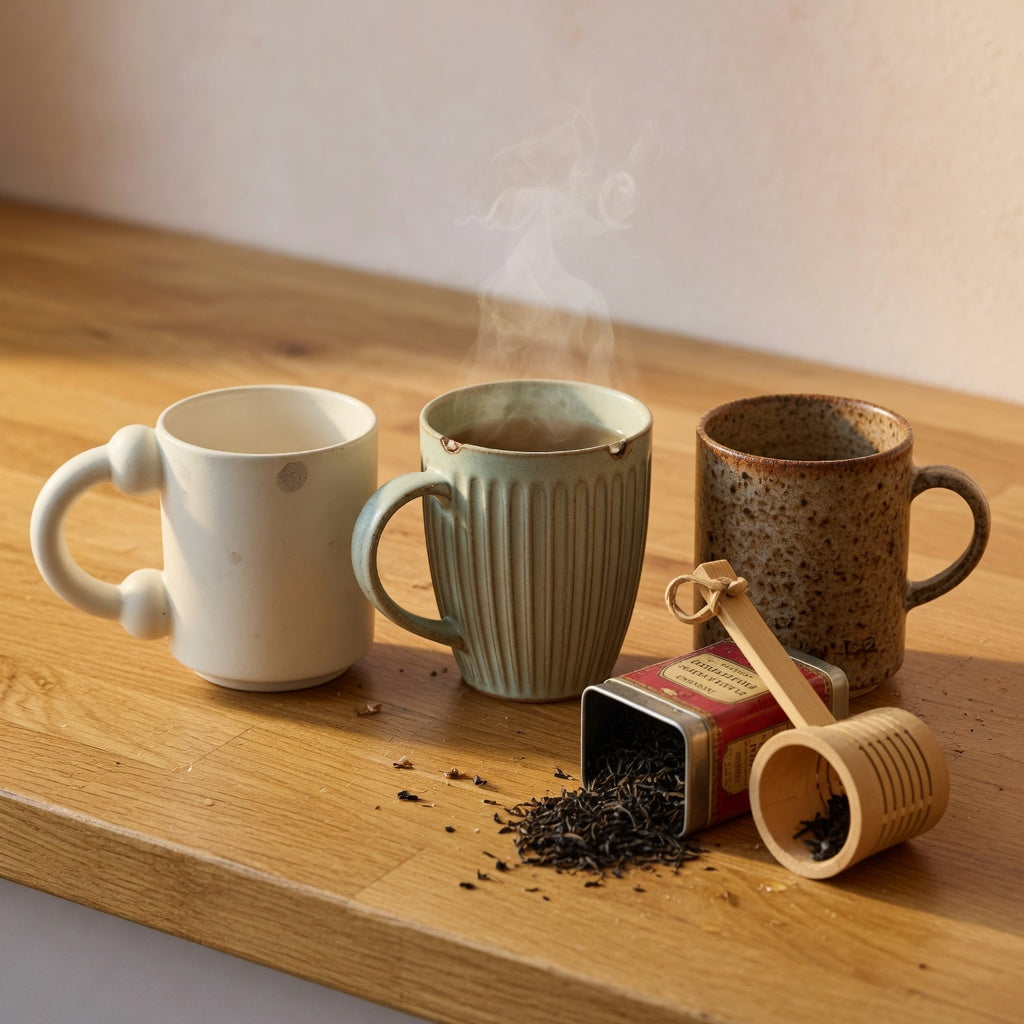 Three beautiful tea mugs — ball-handled, pleated, and retro-glazed — lined up on an oak kitchen counter beside a tin of loose-leaf tea.