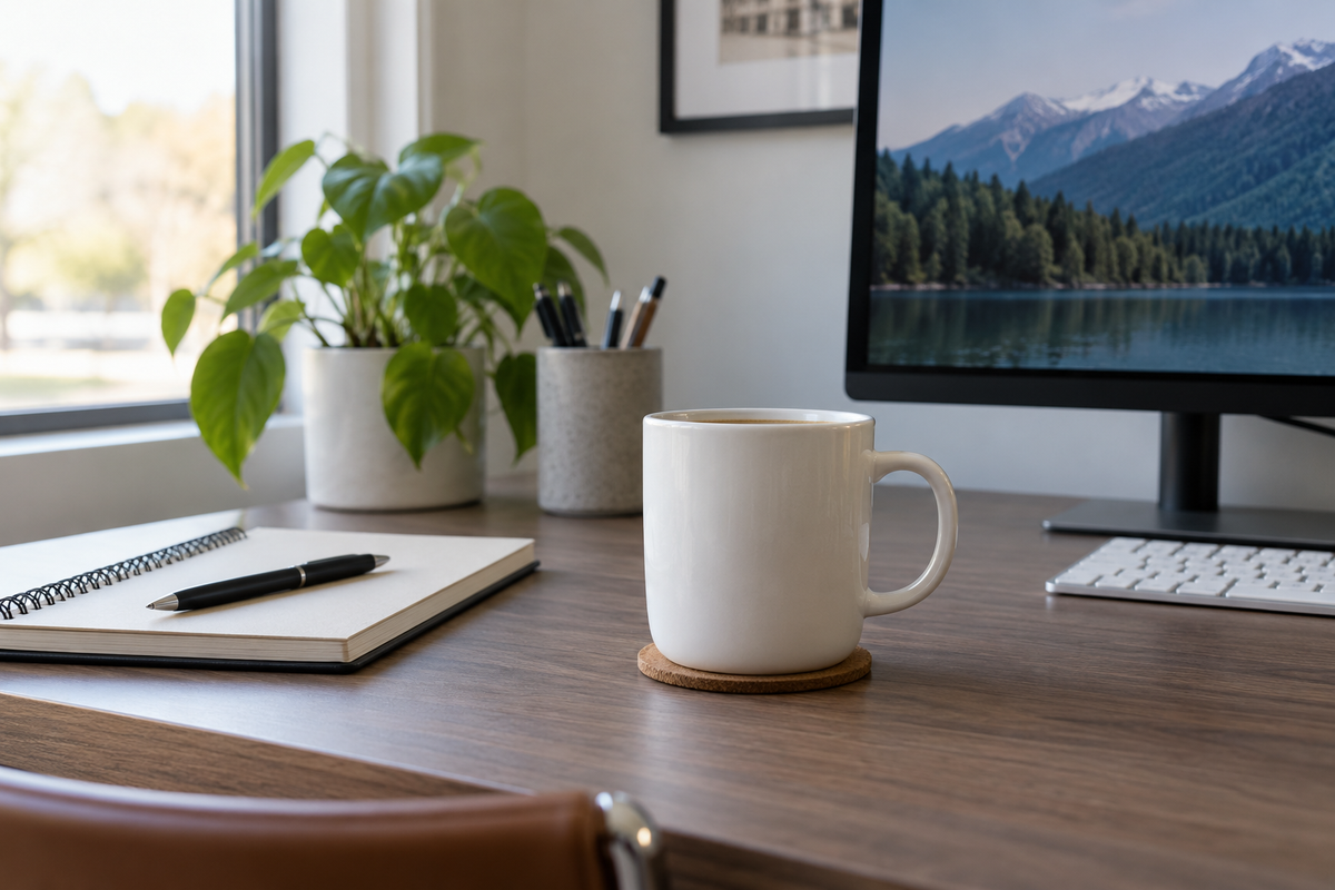 best ceramic coffee mug for home office on a modern desk