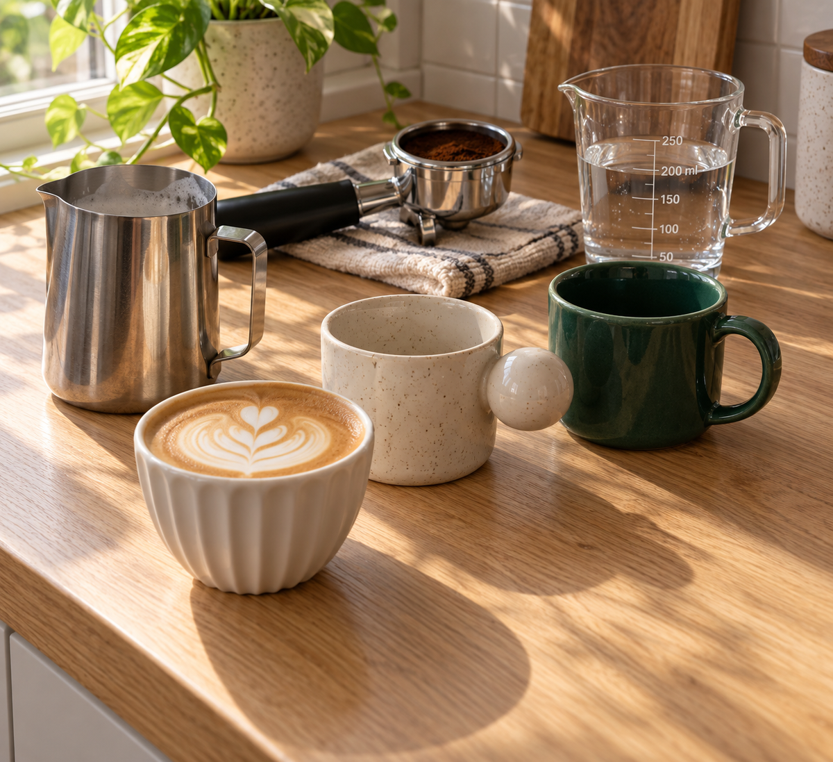 Three of the best ceramic flat white cups — 200 ml, 250 ml, and 270 ml — compared side by side on a wooden counter with a milk pitcher and latte art