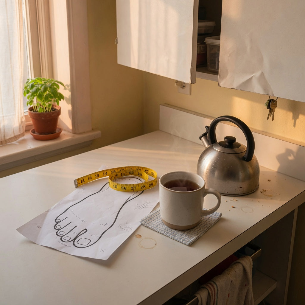 Best ceramic mug for apartment counter beside a kettle, coaster, and paper footprint template