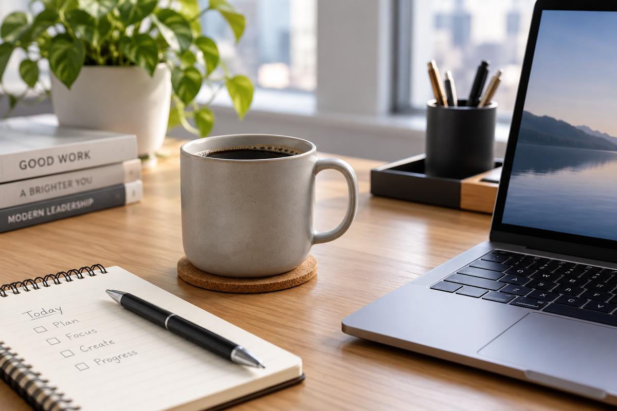 best ceramic mug for office desk on a neat workspace with laptop and coffee