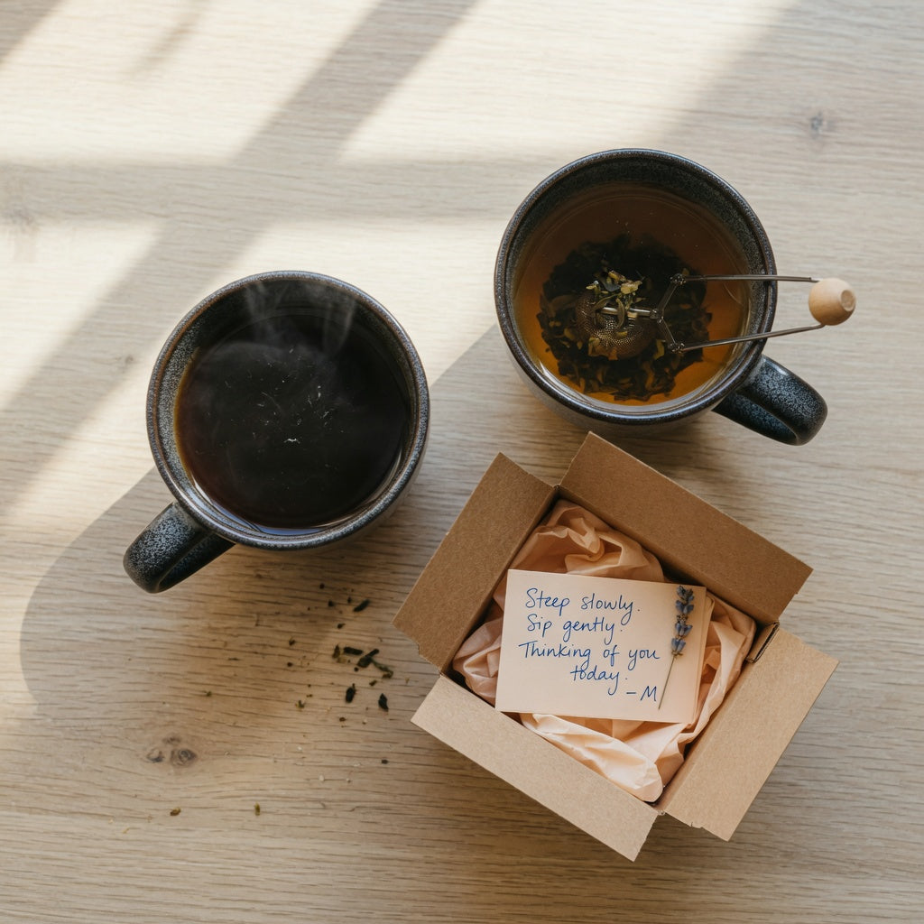 best ceramic mug for tea and coffee gift with loose-leaf tea and a coffee pour on a kitchen counter