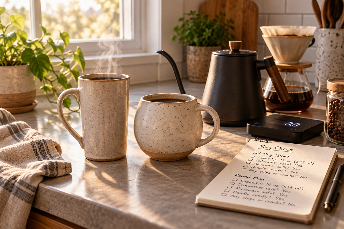 Two of the best ceramic mugs for a morning coffee routine β a tall profile and a round profile β side by side on a kitchen counter beside a pour-over kettle