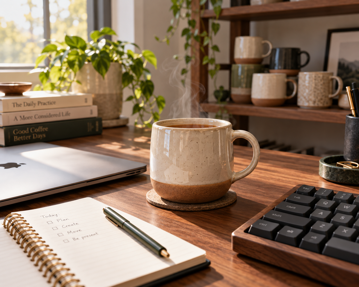 Steaming ceramic tea mug on an office desk beside a keyboard and notebook — how to compare the best ceramic tea mug for office use